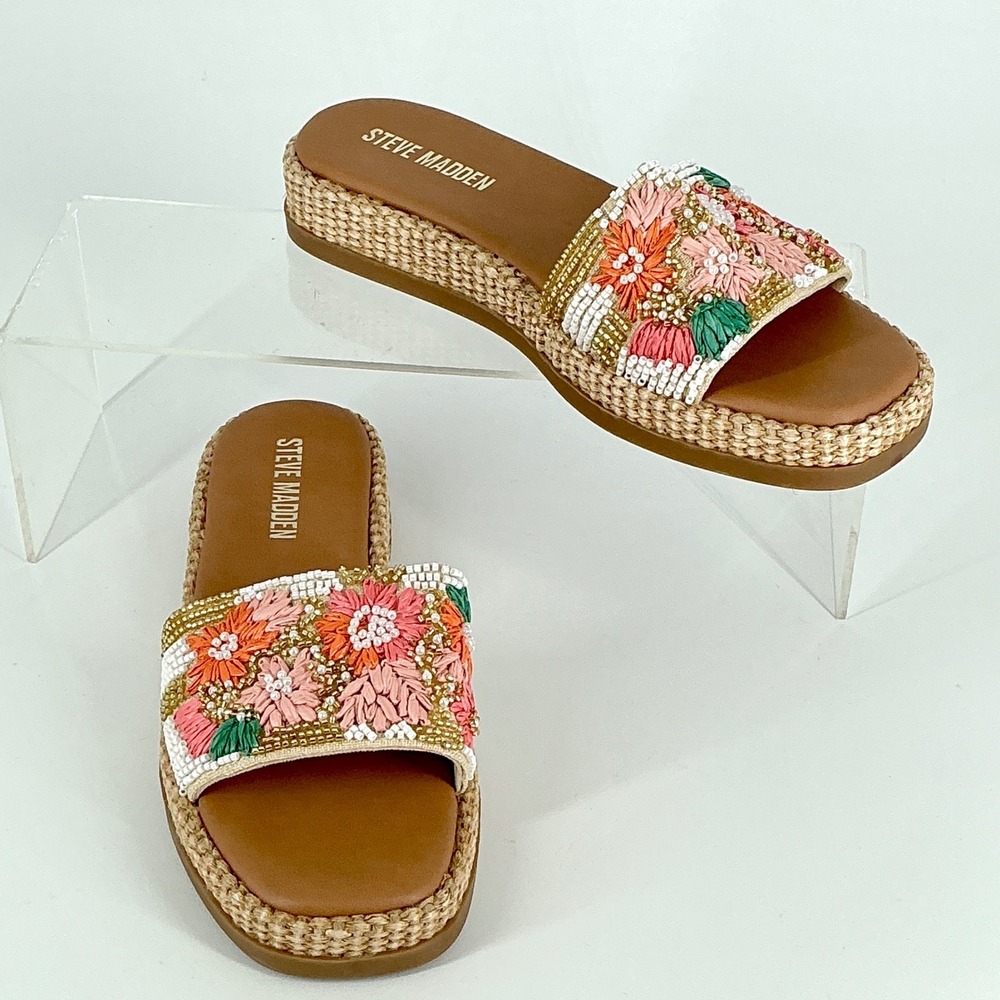 Steve Madden Size 8.5 Beaded Floral Raffia Platform Slide Sandals NEW Boardwalk - Picture 2 of 11